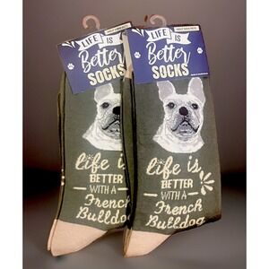 Eas Pets French Bulldog Crew Socks NWT One Size Green Novelty Dog Lover
